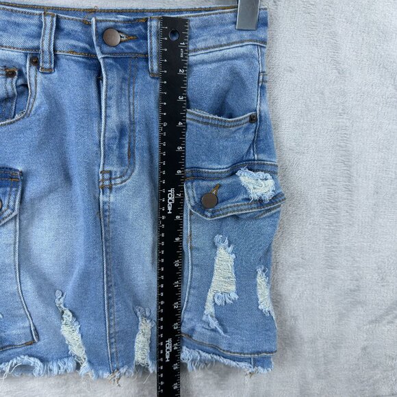 American Bazi Mini Skirt Cargo Denim Distressed Stretch Womens Size Small Blue - Picture 7 of 10